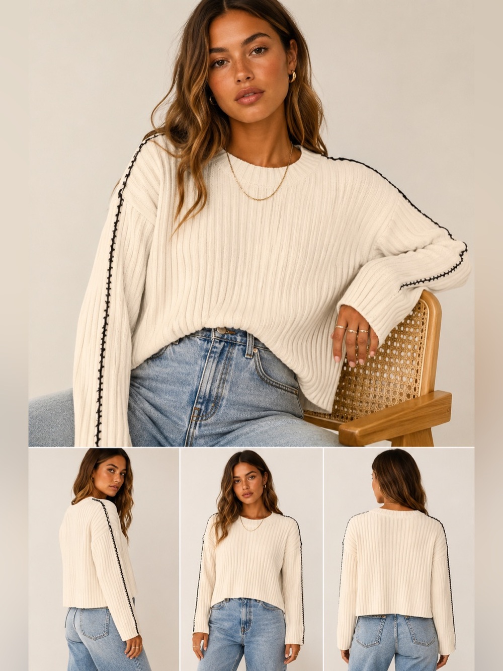 Sincerely Jules Ribbed Cropped Sweater | Size Large | Cream Oversized Knit